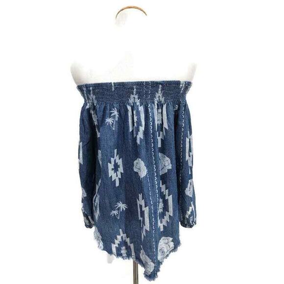 Tribal Blue smocked off the shoulder top in medium Long Sleeve Geometric Print - Picture 2 of 5